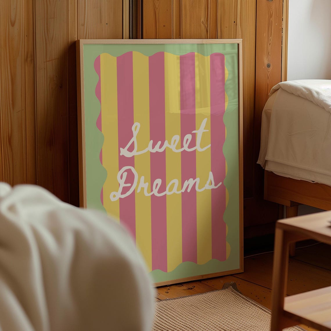 Sweet Dreams White Script Pink Yellow Striped Bedroom Poster