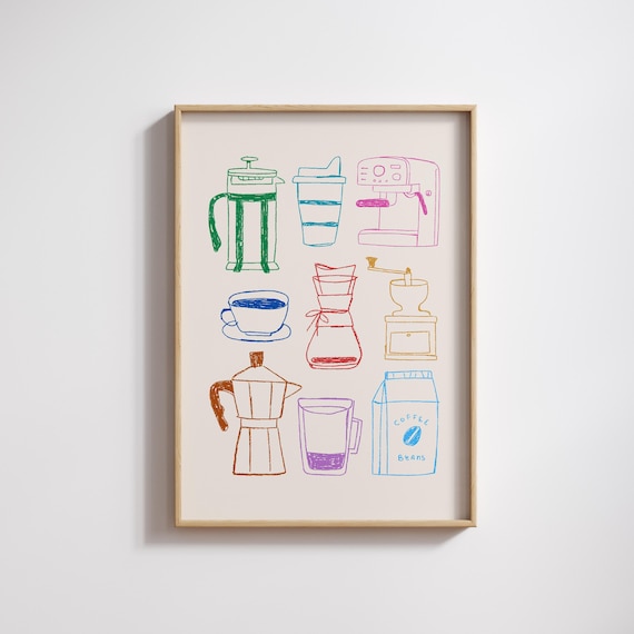 Coffee Bar Art Print, Hand-Drawn Kitchen Poster
