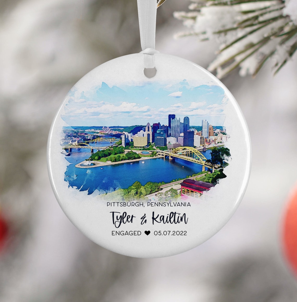 Personalized Pittsburgh Engagement Watercolor Travel Poster