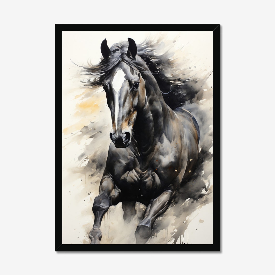 Black Horse Galloping in Dynamic Watercolor Splash Equine Art Poster