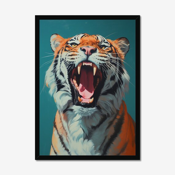 Roaring Tiger Portrait with Open Mouth on Teal Background Art Poster