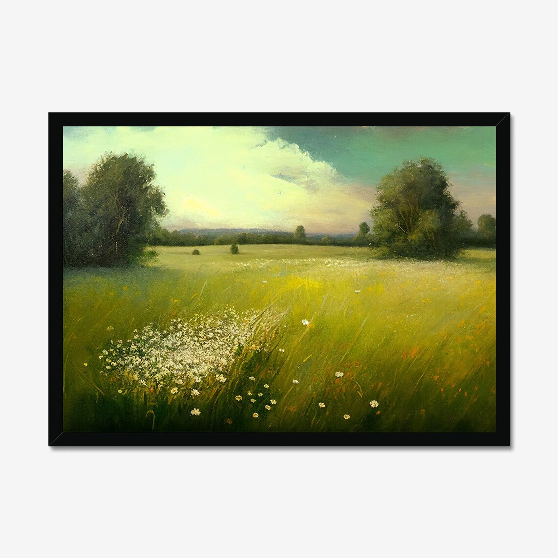 Peaceful Green Meadow Wildflower Oil Painting Landscape Poster