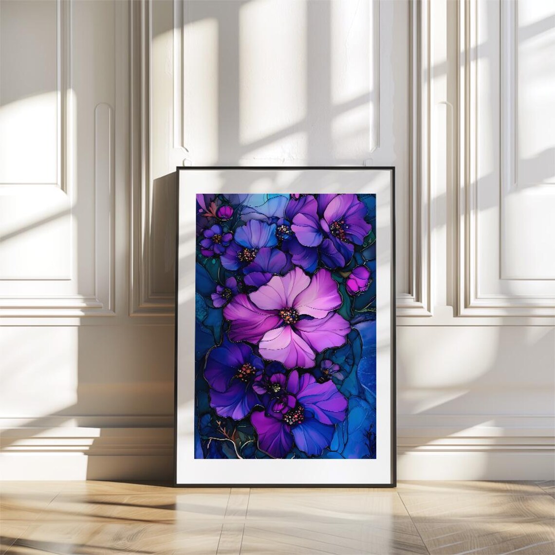 Violet Purple Hibiscus Stained Glass Style Floral Painting Poster - Image 3