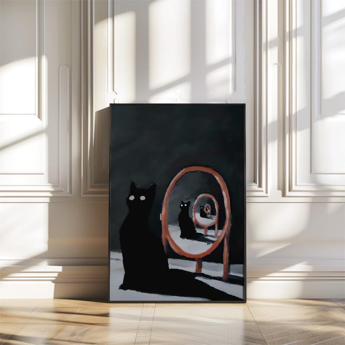 Black Cat With Infinity Mirror Reflections Dark Moody Art Poster - Image 2