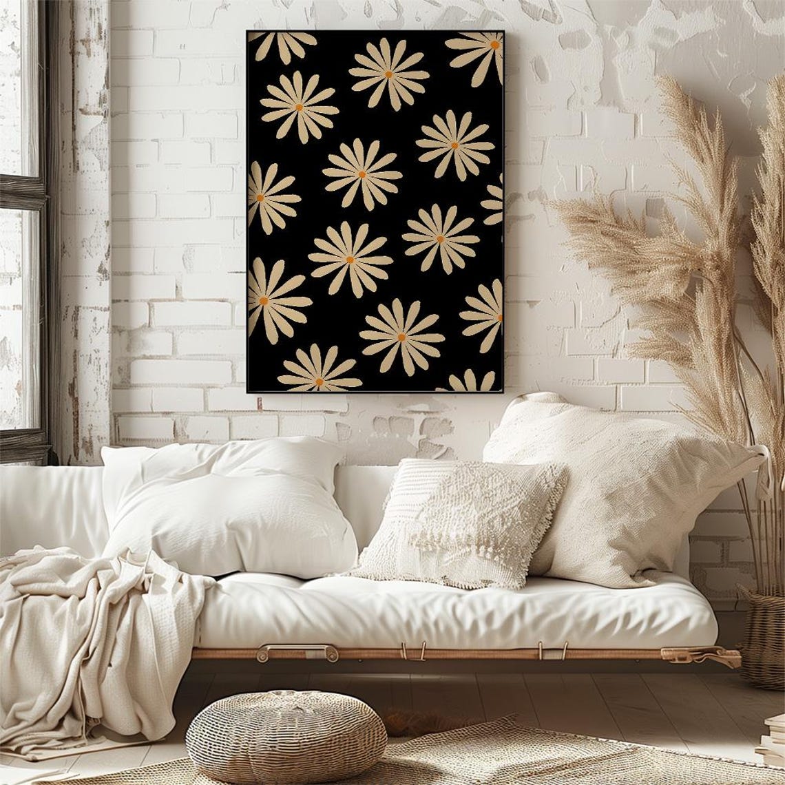 Retro Daisy Pattern in Cream White on Black Vintage Floral Poster - Image 2