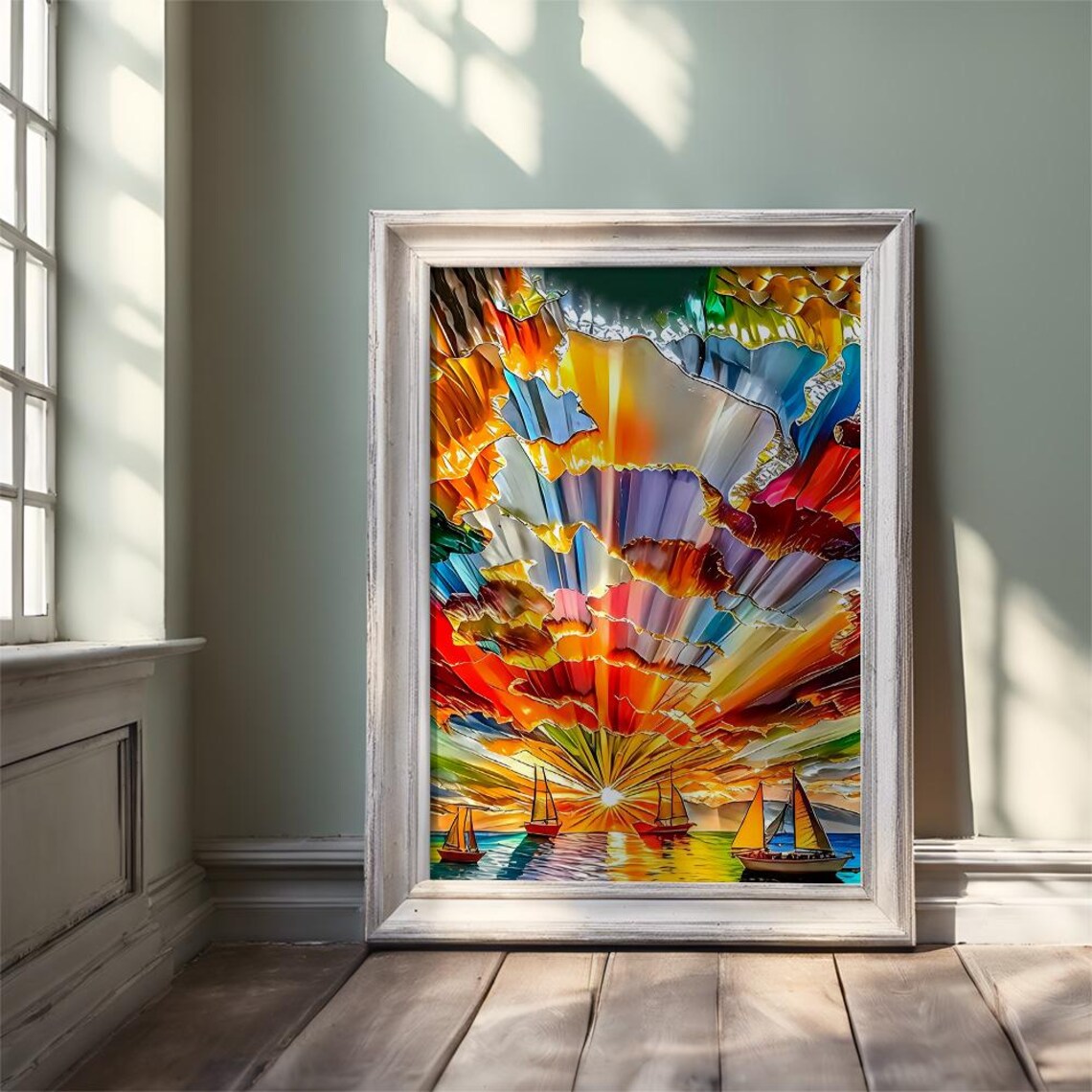 Sailboats at Stained Glass Sunset on Ocean Seascape Art Poster - Image 2