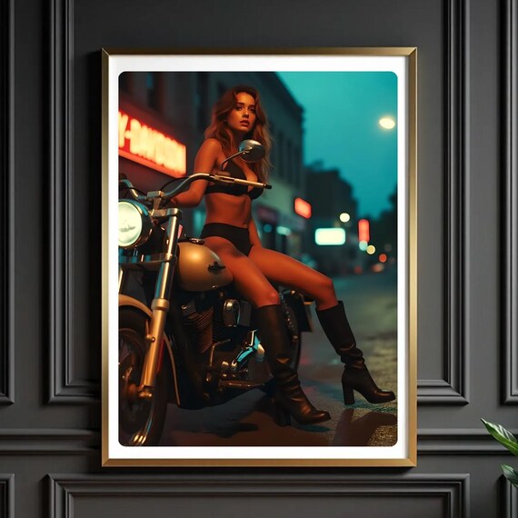 Biker Girl On Motorcycle Neon Night Street Retro City Scene Poster