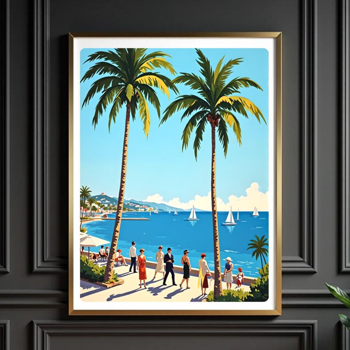 French Riviera Vintage Palm Promenade Sailboats Travel Poster