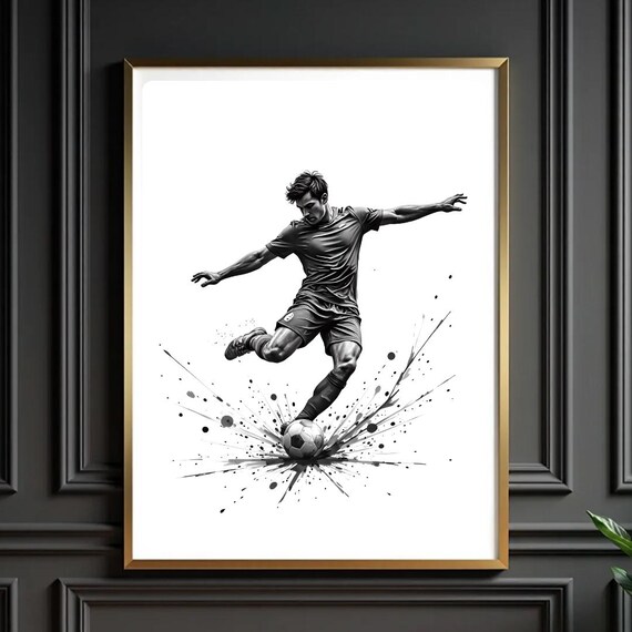Soccer Player Striking Ball Black And White Ink Splash Poster