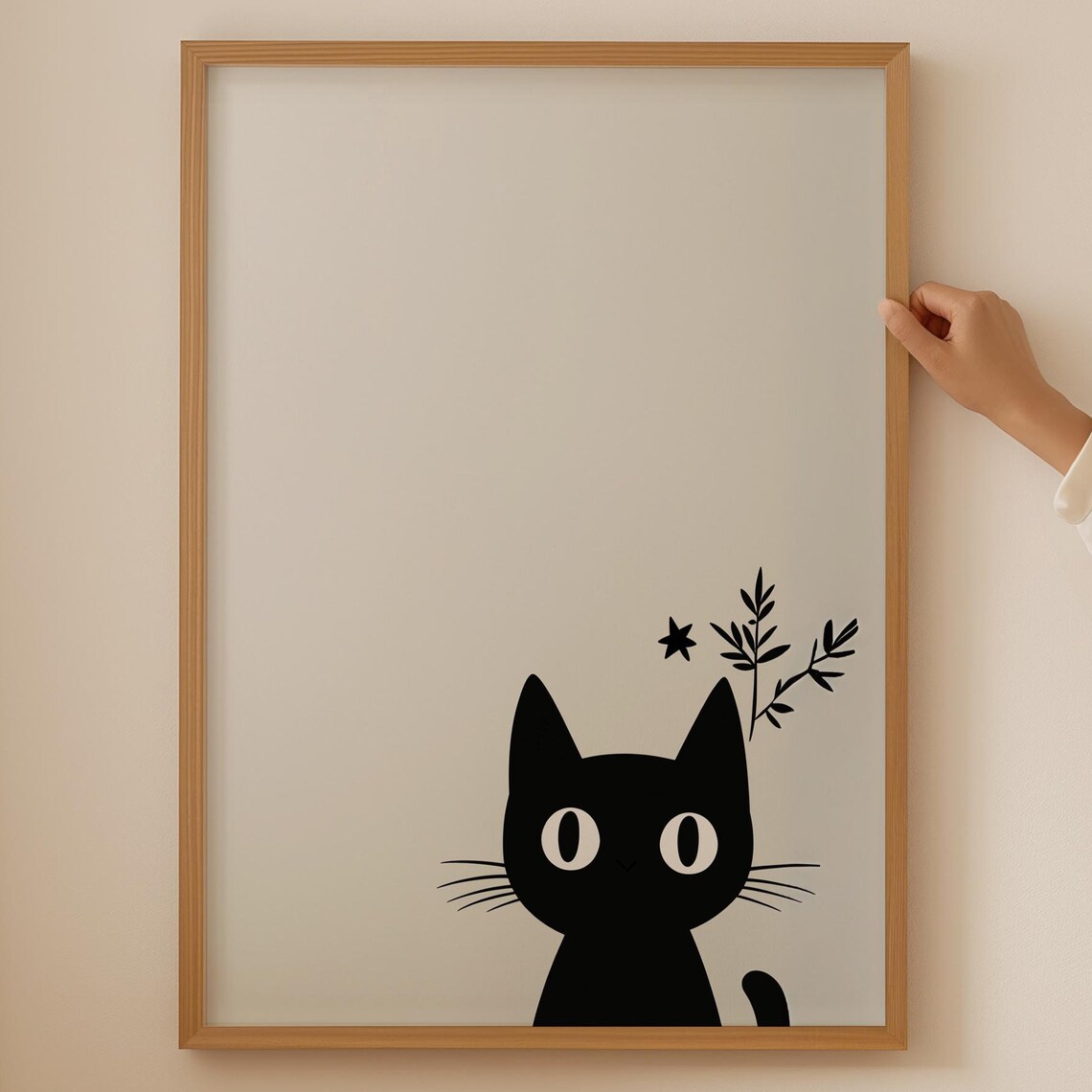 Peeking Black Cat with Star Cute Minimal Cat Illustration Wall Art