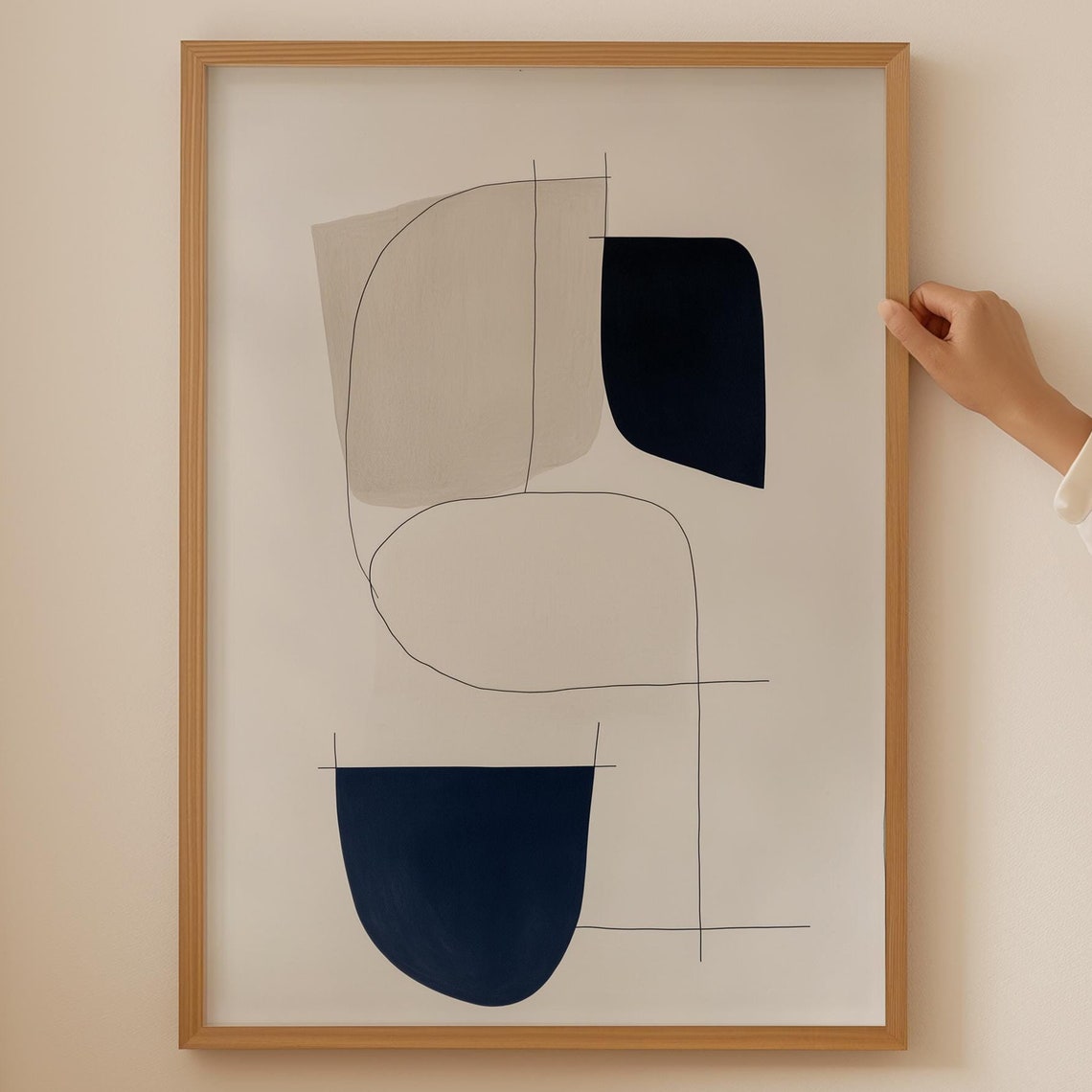 Minimal Geometric Line Art Beige Black Abstract Modern Decor Poster