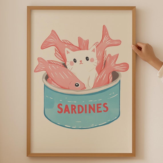 Funny Cat Sardine Poster Funky Fish Wall Art Fisherman Print Trendy Bathroom Prints For Lovers Themed Gift