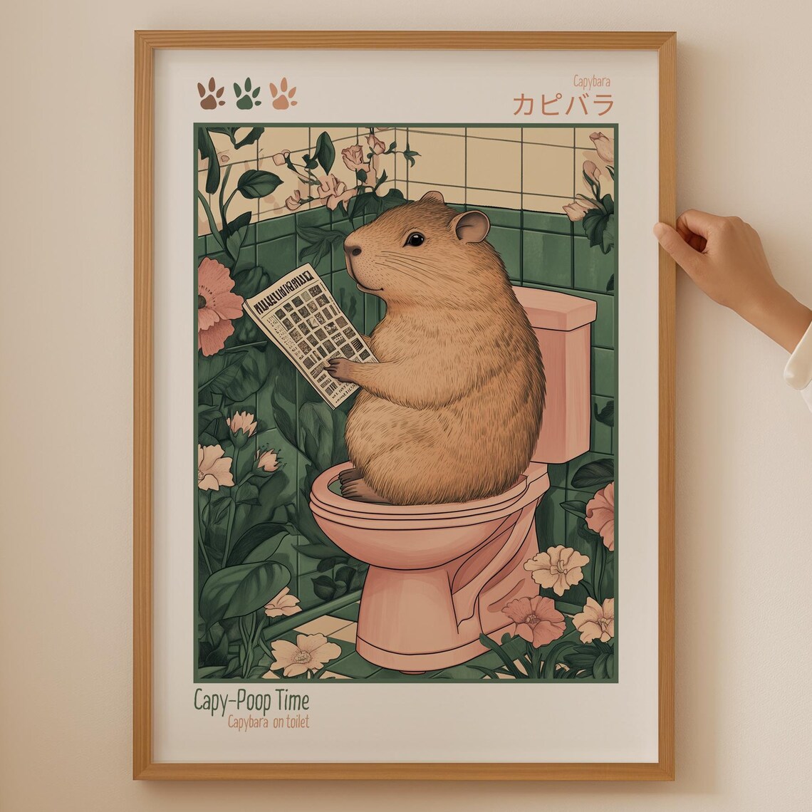 Capy-Poop Time Capybara on Toilet Japanese Floral Art Poster