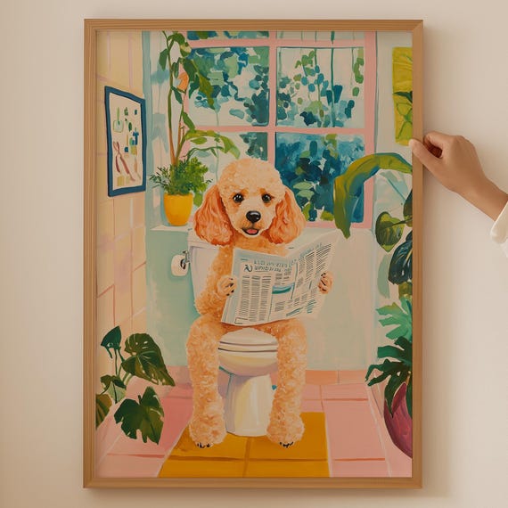 Poodle Bathroom Poster Trendy Toilet Funky Decor Funny Toy Gift Colorful Dog Lover Print For Cubicle