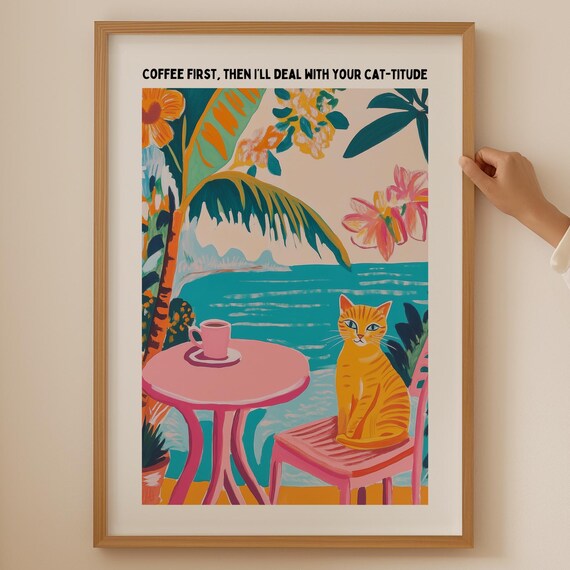 Coffee First Cat-Titude Tropical Orange Cat Coffee Break Poster