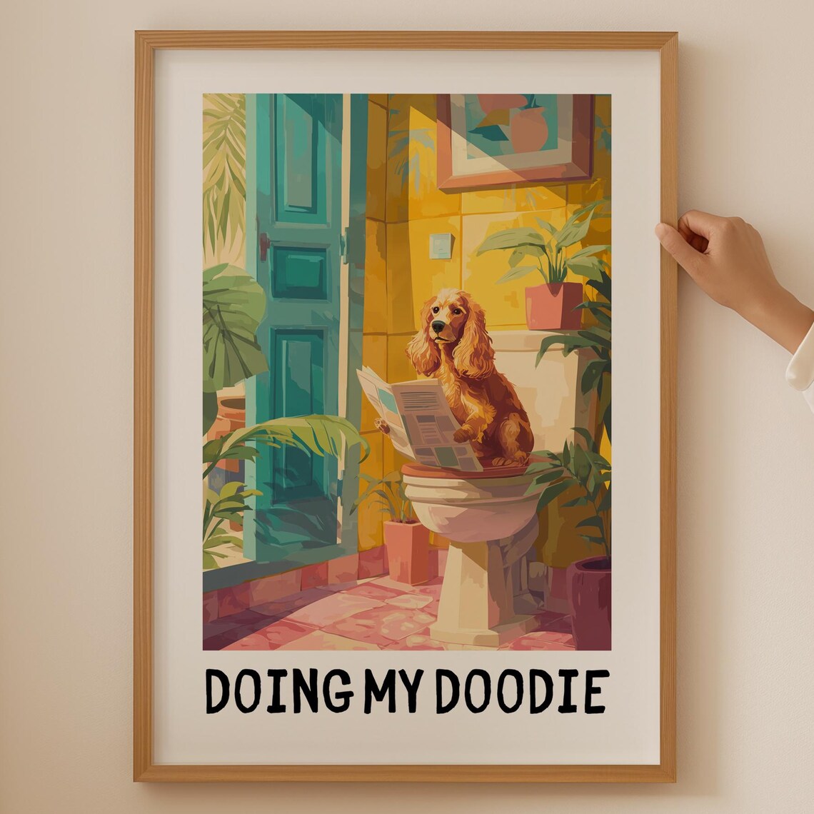Funny Cocker Spaniel Doing My Doodie Dog Toilet Humor Wall Poster