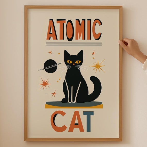 Atomic Cat Print Trendy Universe Wall Art For Funny Decor Dopamine Lovers Funky Poster Themed Gifts