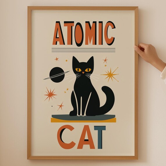 Atomic Cat Retro Mid Century Modern Space Age Black Cat Poster