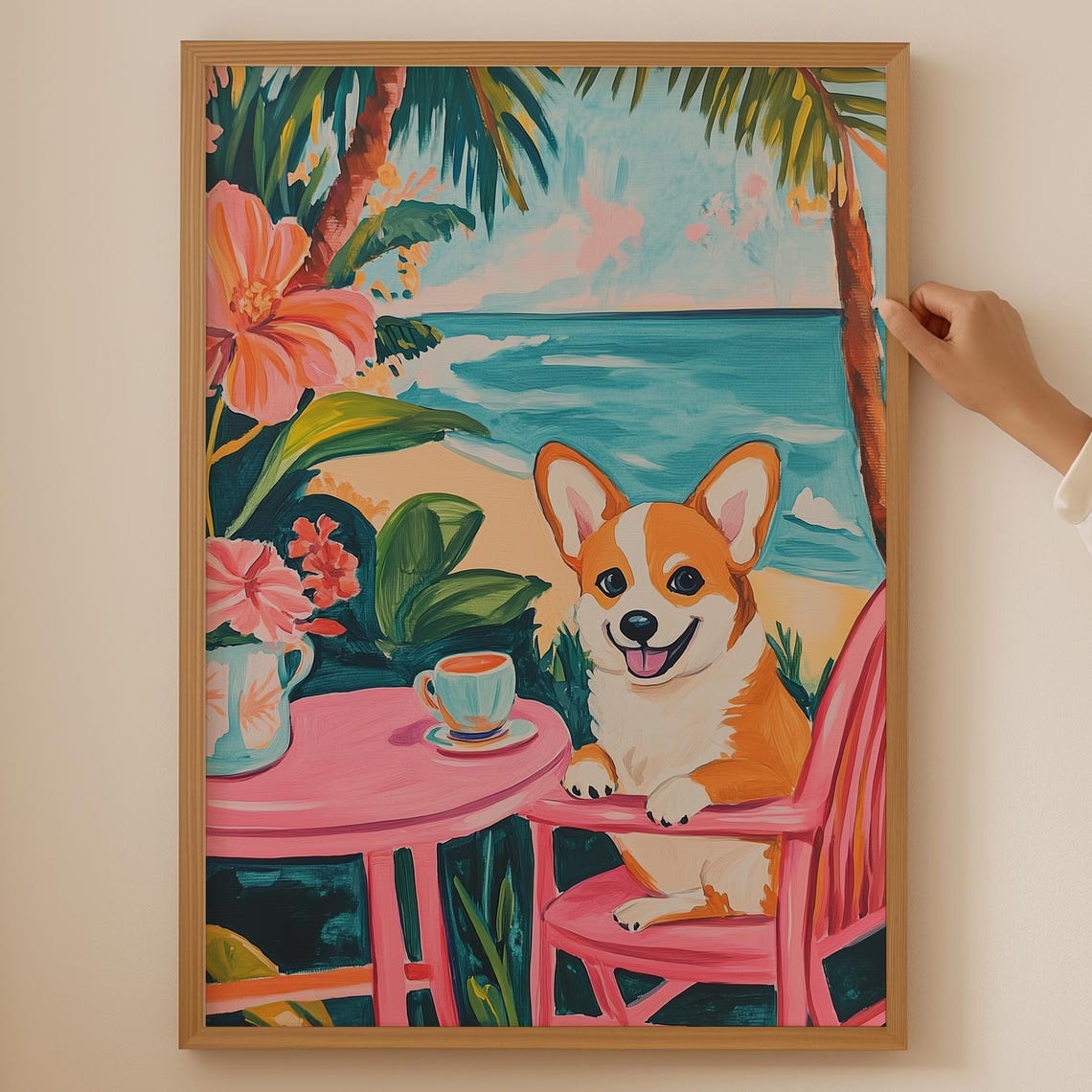 Smiling Corgi Tropical Beach Cafe Coffee Morning Wall Poster