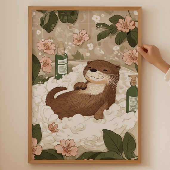 Japandi Otter Poster Wabi Sabi Cherry Blossom Print Japanese Wall Art For Room Decor Trendy Gift Or Bathroom
