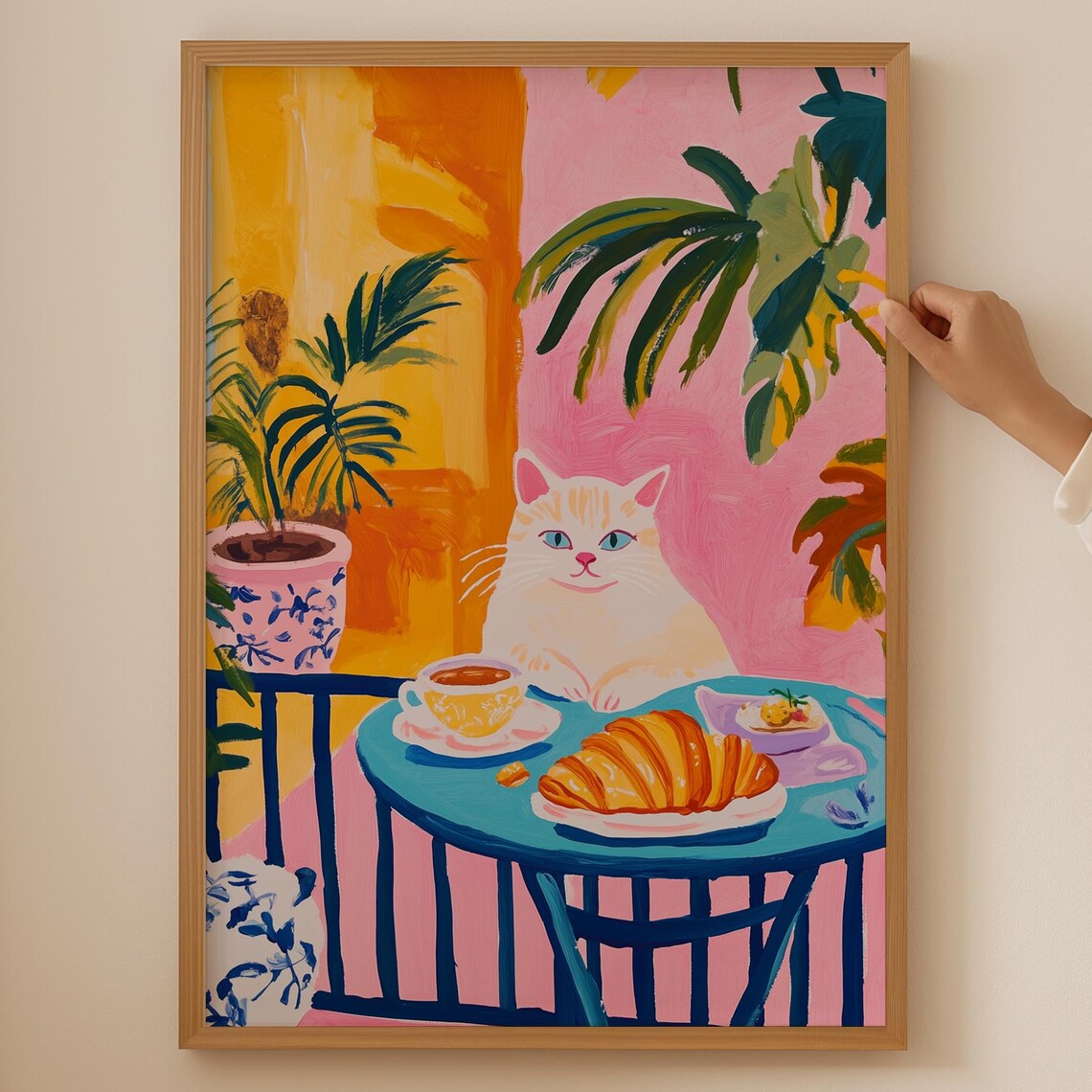 White Cat Coffee and Croissant Tropical Breakfast Art Poster