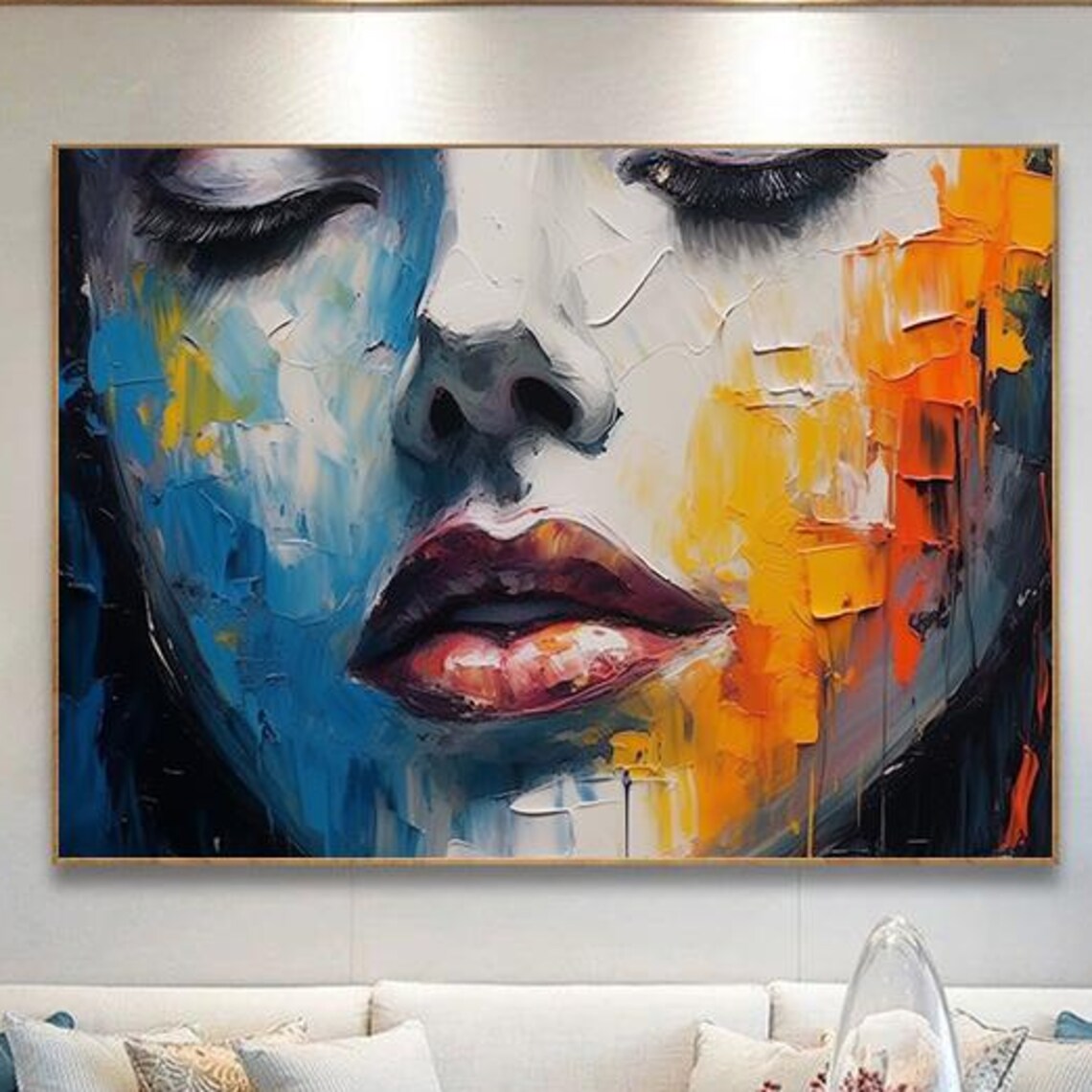 Blue Orange Abstract Woman Face Palette Knife Oil Painting Poster