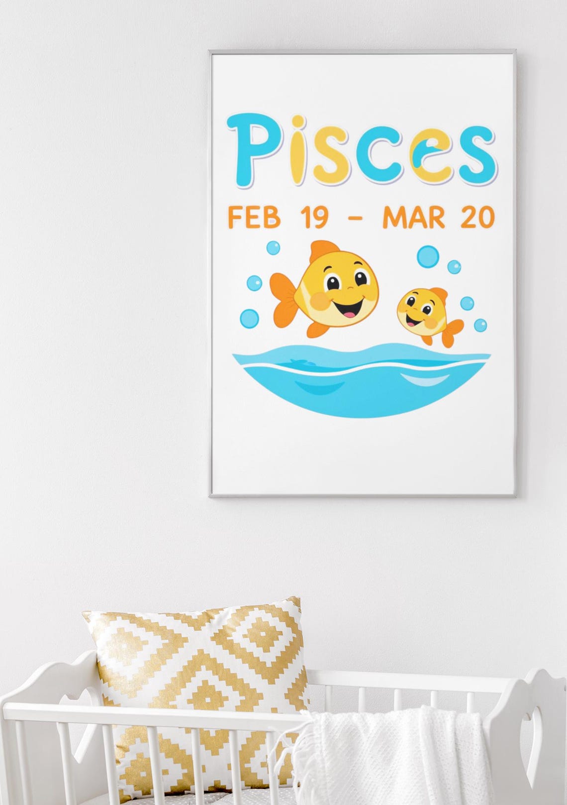 Pisces Zodiac Nursery Poster Cute Goldfish Baby Room Star Sign Decor - Image 2