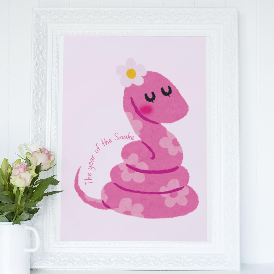 Cute Pink Snake Year Of The Snake Floral Nursery Wall Art Poster