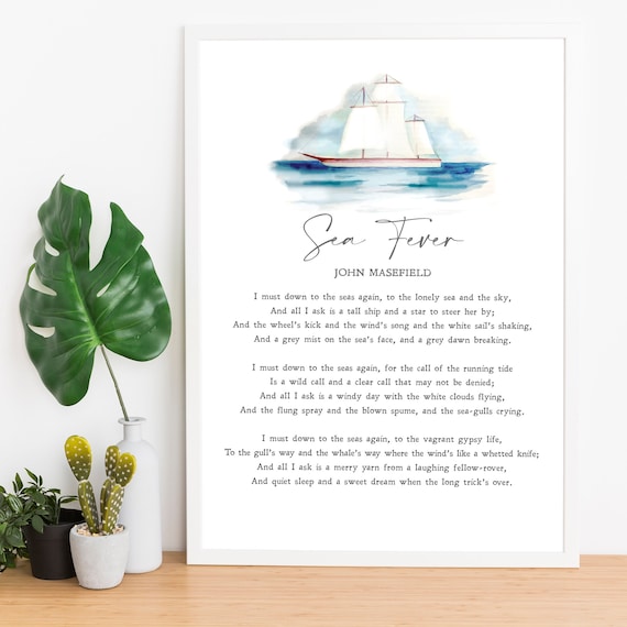 John Masefield Sea Fever Poem Watercolor Sailing Ship Ocean Print