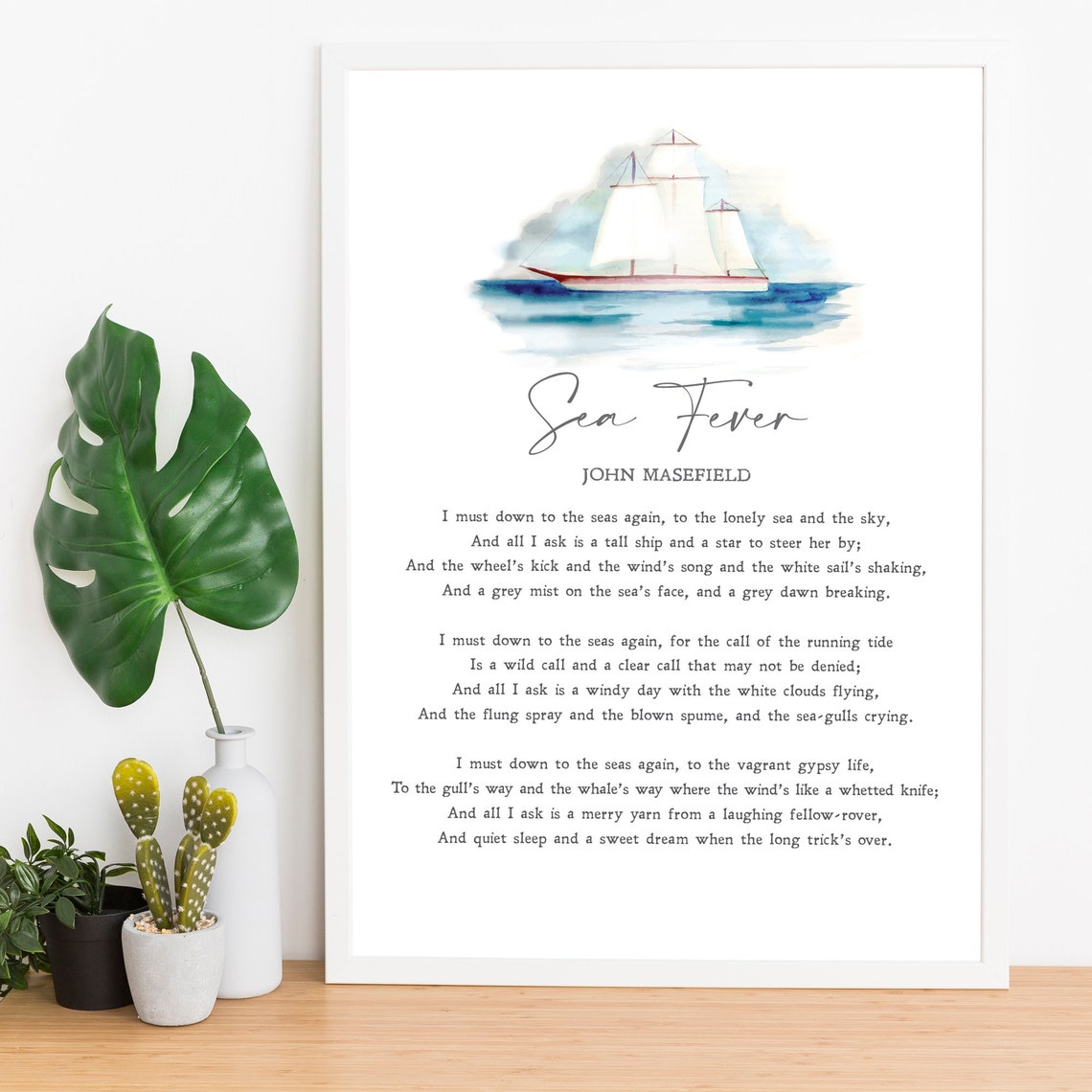 John Masefield Sea Fever Poem Watercolor Sailing Ship Ocean Print