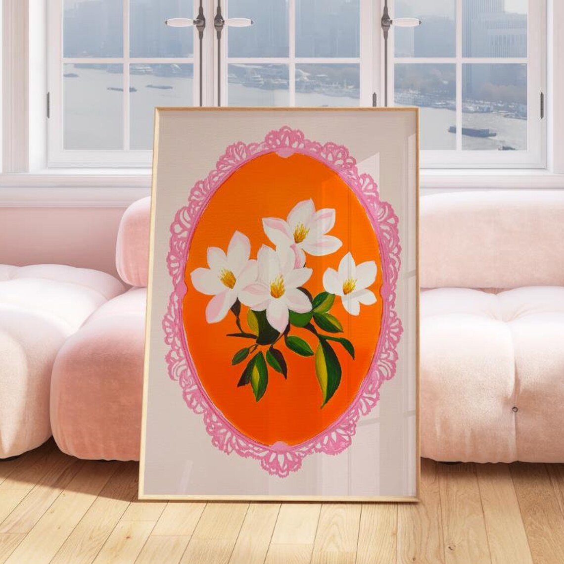 White Magnolia Floral Art Orange Lace Oval Vintage Style Poster