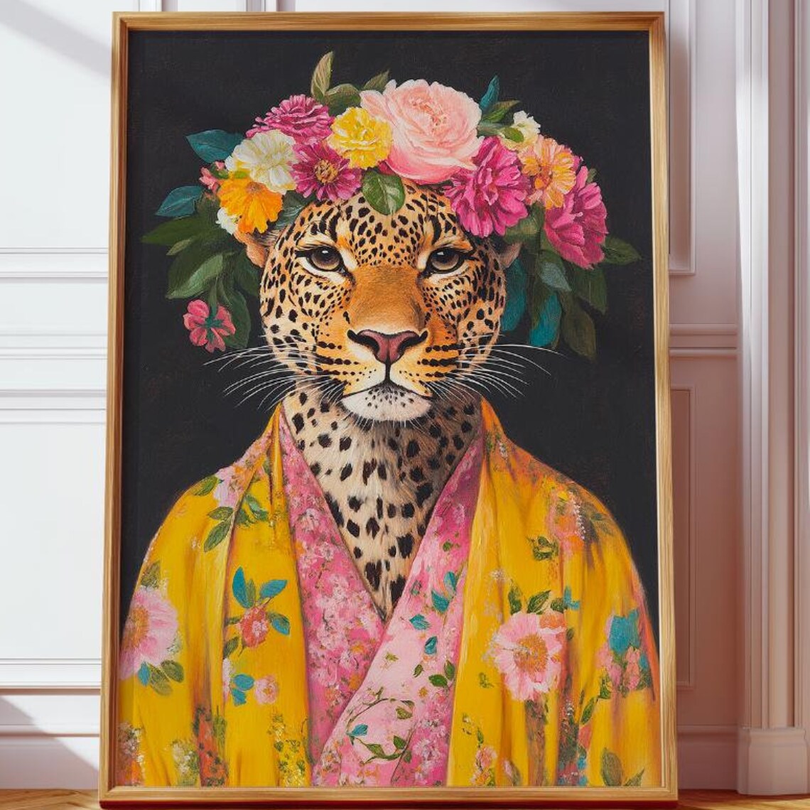 Leopard with a Flower Crown in a Floral Robe Maximalist Poster