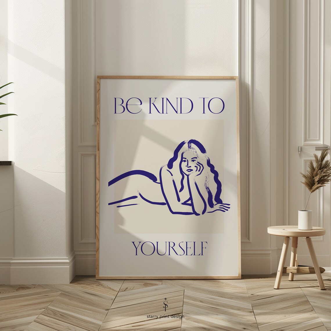 Be Kind To Yourself Blue Line Art Minimal Motivational Quote Poster