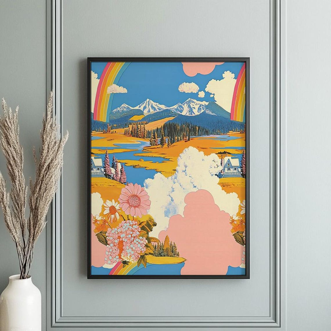 Retro Utopian Mountain Landscape Print 70s Psychedelic Countryside Poster Vintage Inspired Groovy Wall Art - Image 3