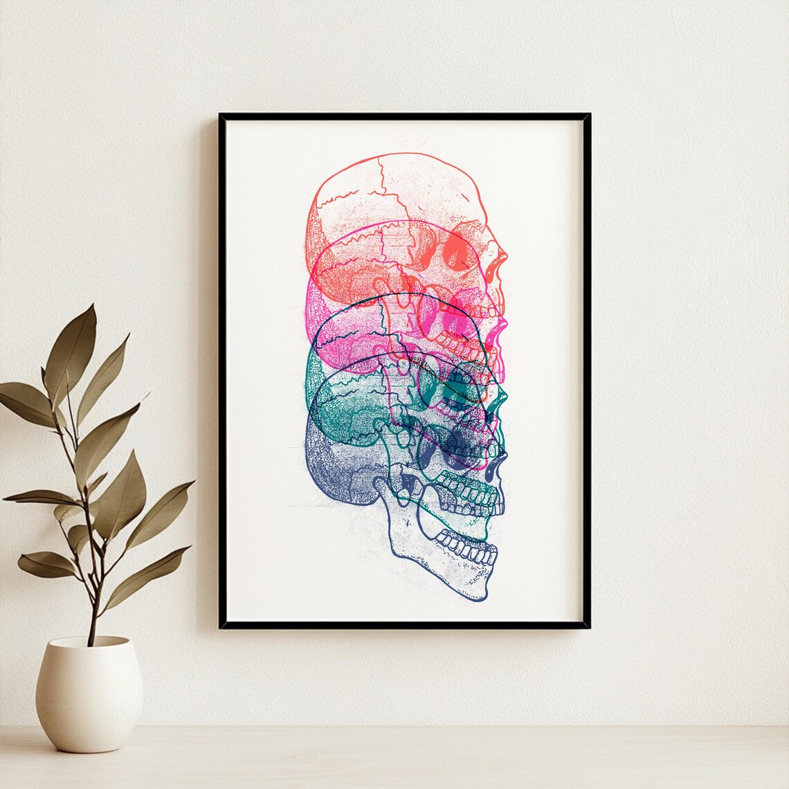 Layered Stacked Skull Neon Modern Pop Art Poster for Bedroom Wall Decor - Image 2