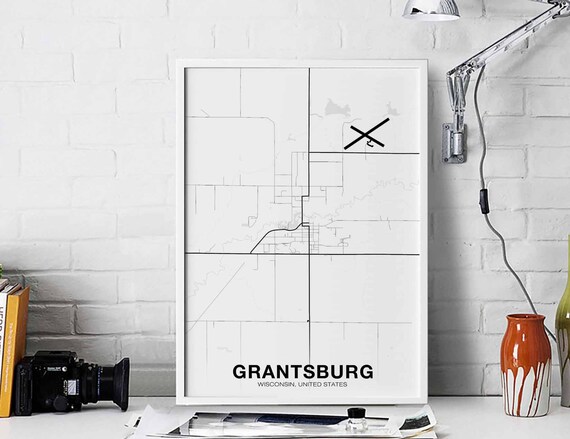 Grantsburg Wisconsin Wi Usa Map Poster Black White Hometown City Print Modern Home Decor Office Decoration Wall Art Dorm Bedroom Gift