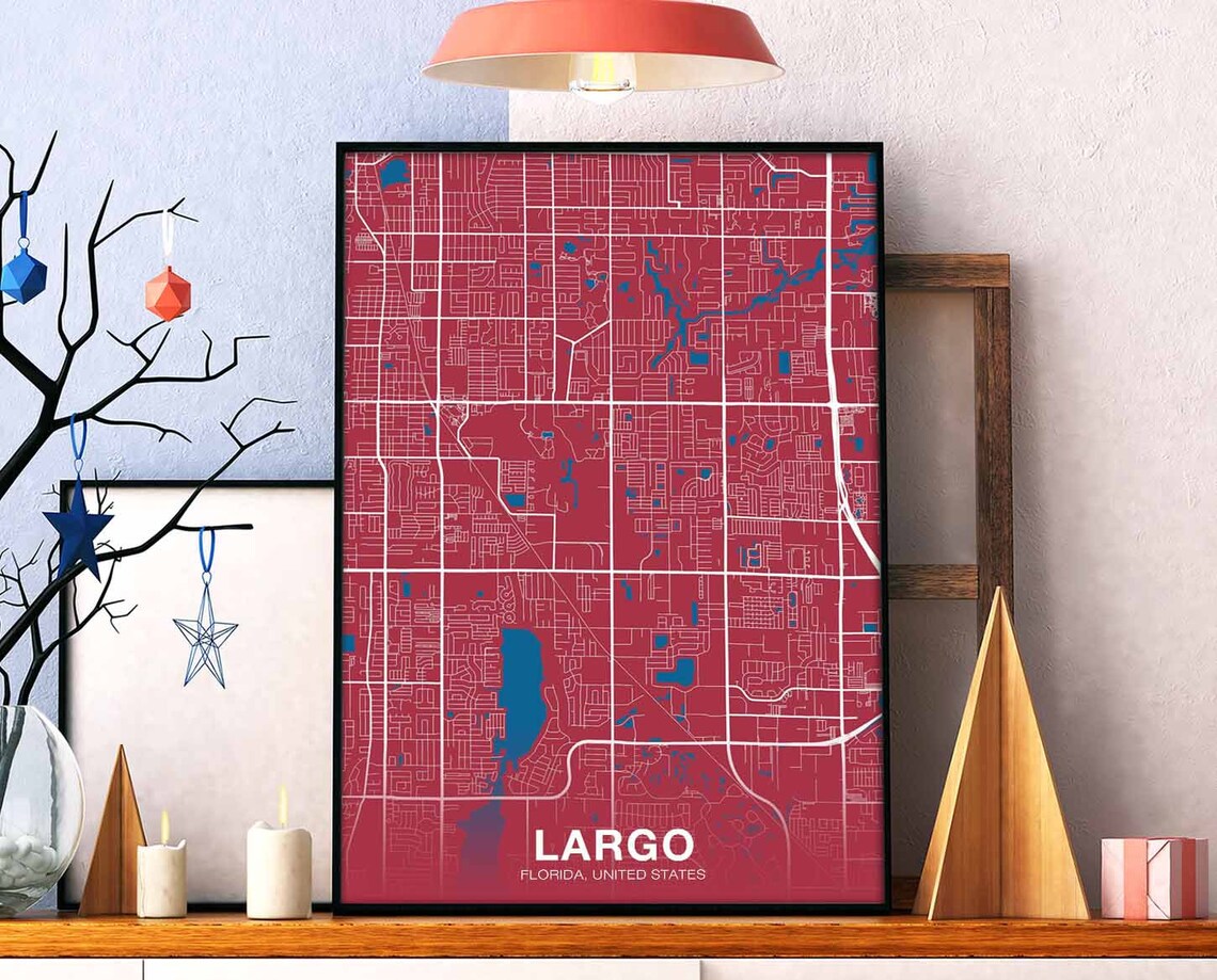 Bold Largo Florida Deep Red Modern Street Map City Wall Poster