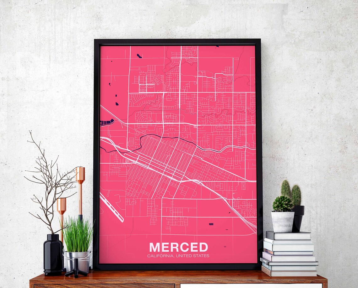 Merced California City Map Bright Pink Modern Hometown Poster