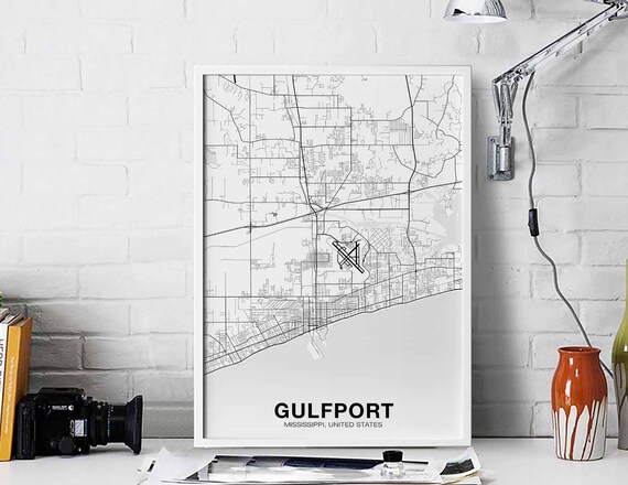 Gulfport Mississippi Ms Usa Map Poster Black White Hometown City Print Modern Home Decor Office Decoration Wall Art Dorm Bedroom Gift