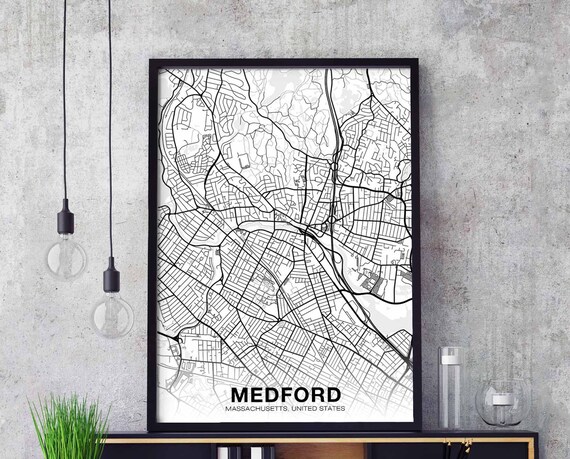 Medford Massachusetts Ma Usa Map Poster Black White Hometown City Print Modern Home Decor Office Decoration Wall Art Dorm Bedroom Gift