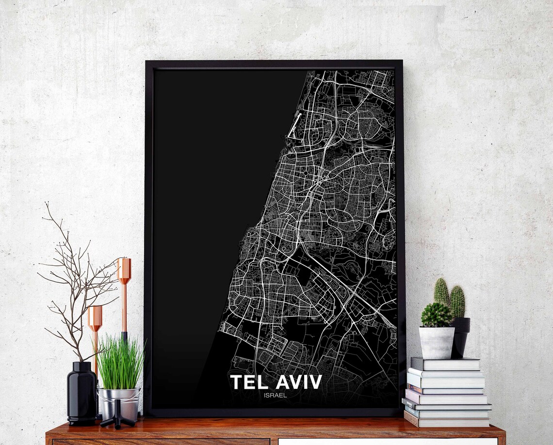 Modern Tel Aviv Israel Black White Downtown Street Map Poster