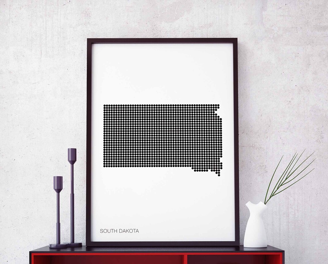 South Dakota State Dotted Map Minimalist Black White Retro Style Poster