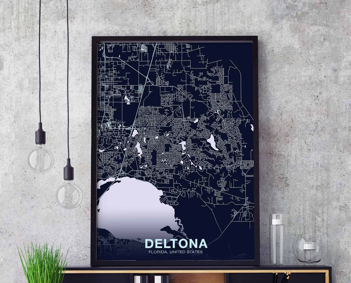 Deltona Florida Street Map Deep Dark Blue Modern City Art Poster