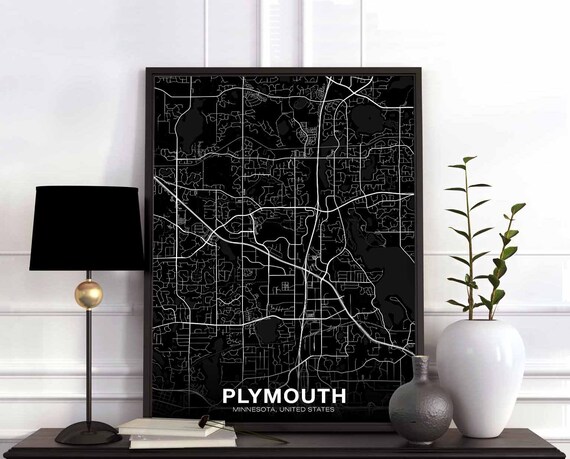 Plymouth Minnesota Mn Usa Map Poster Black White Hometown City Print Modern Home Decor Office Decoration Wall Art Dorm Bedroom Gift