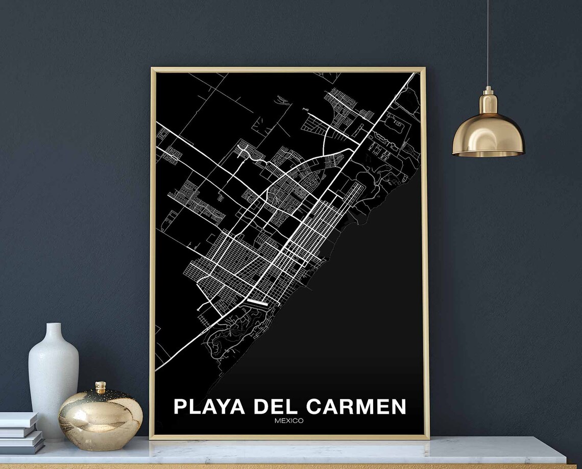 Playa Del Carmen Mexico Black Street Map City Beach Town Poster