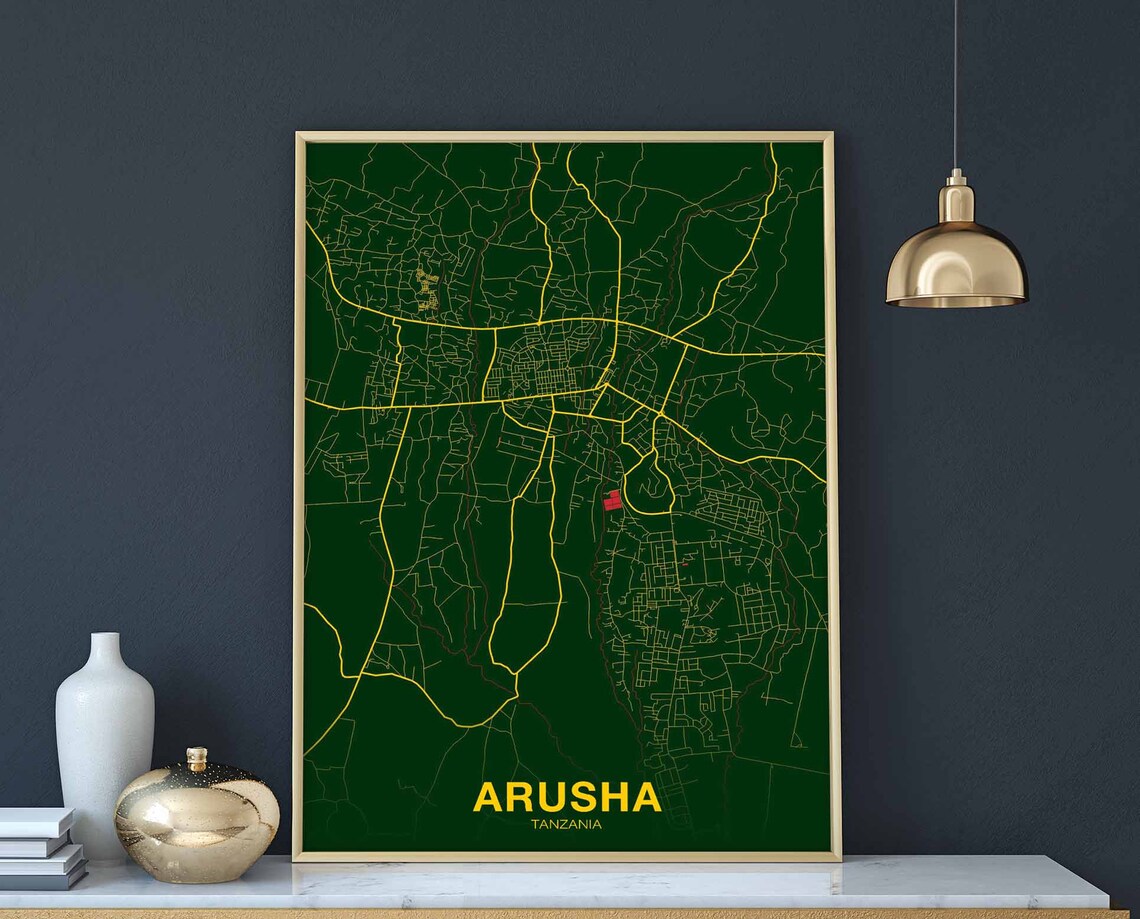Arusha Tanzania Emerald Green City Map Gold Streets Travel Poster