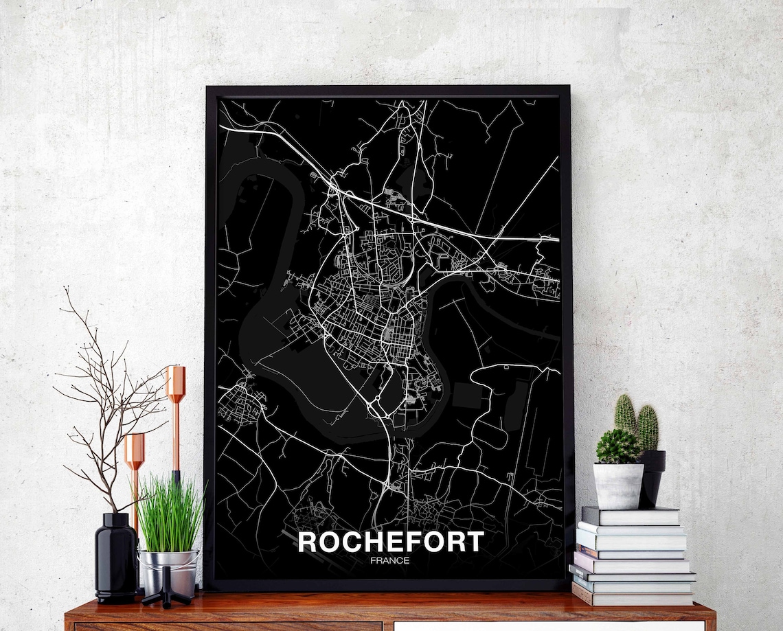 Rochefort France Map Poster Black White Street Map Hometown Art