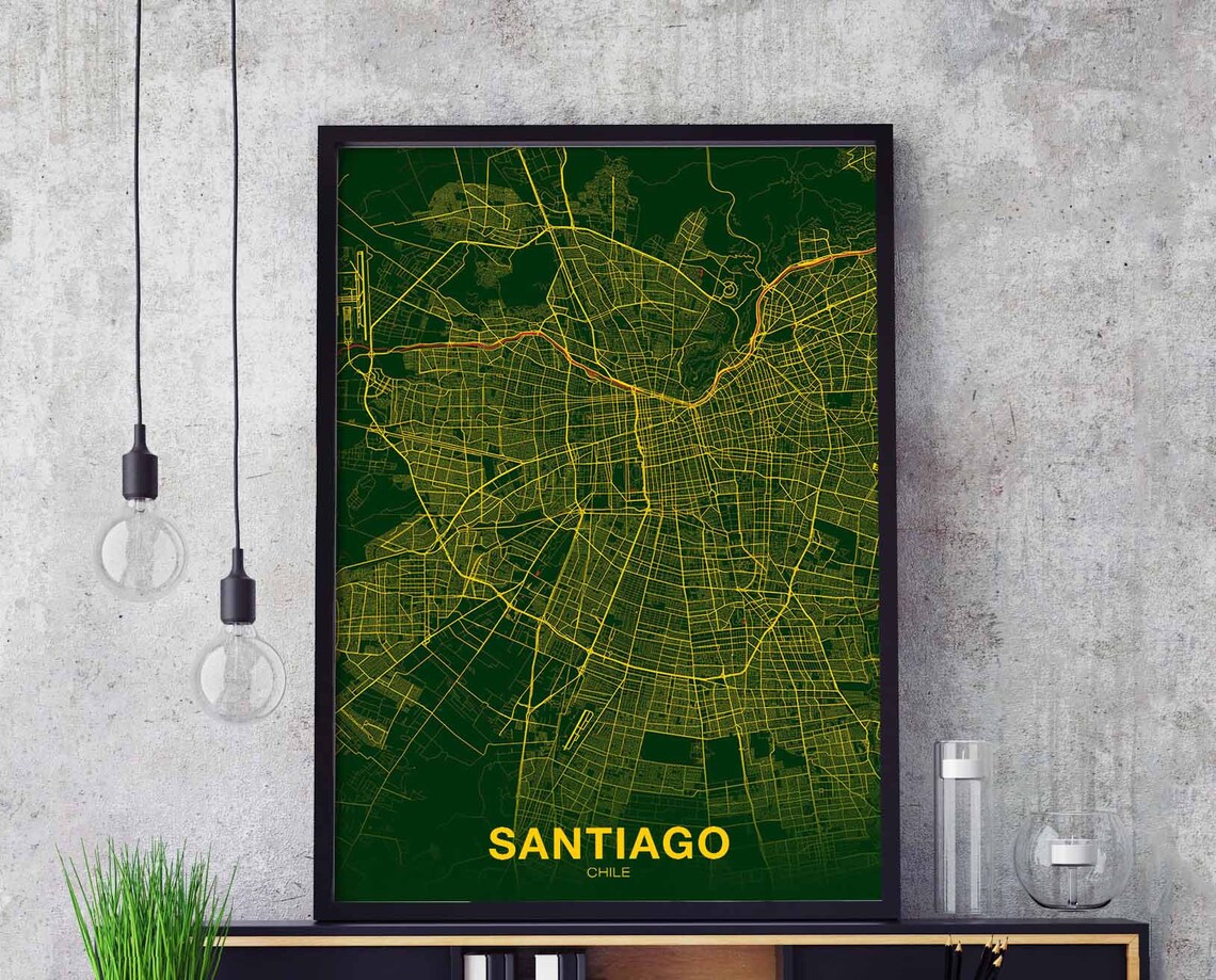 Santiago Chile Dark Green City Street Map Minimalist Wall Art