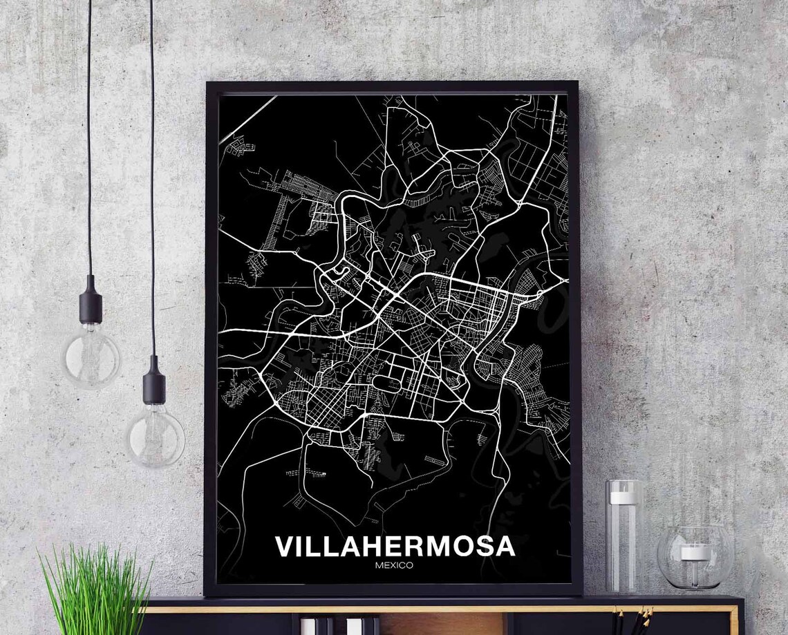 Villahermosa Mexico Map Poster Black Background Minimalist City Art