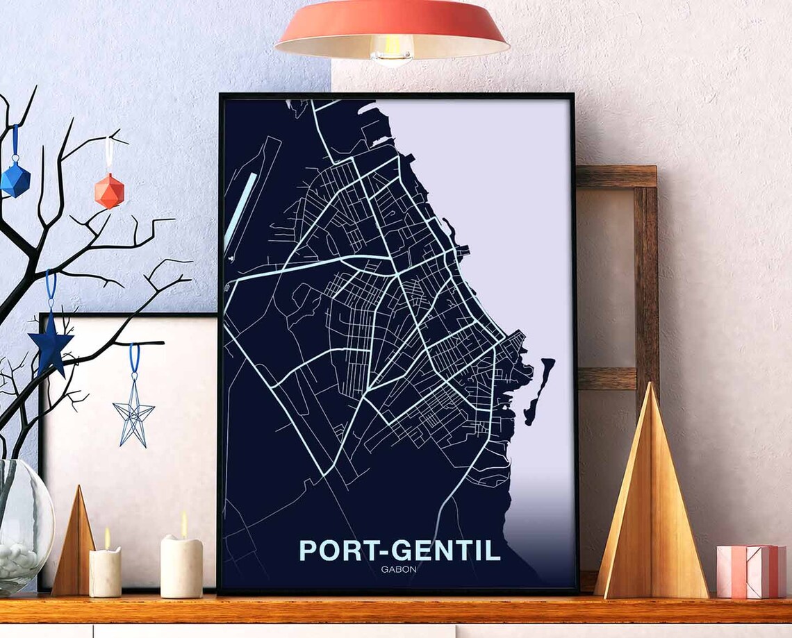 Port-Gentil Gabon Street Map Dark Navy Minimalist Art Poster